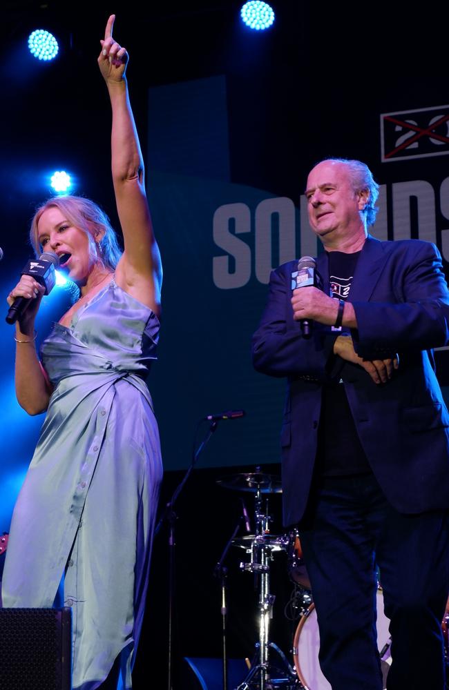 Aussie pop princess Kylie Minogue made a special guest appearance with promoter Michael Gudinski to introduce James Reyne at the ‘2021 Sounds Better Together’ concert in Mallacoota, Victoria. Picture: Mushroom Group