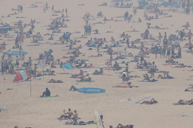 Smoke from bushfires on Bondi Beach. Picture: John Grainger