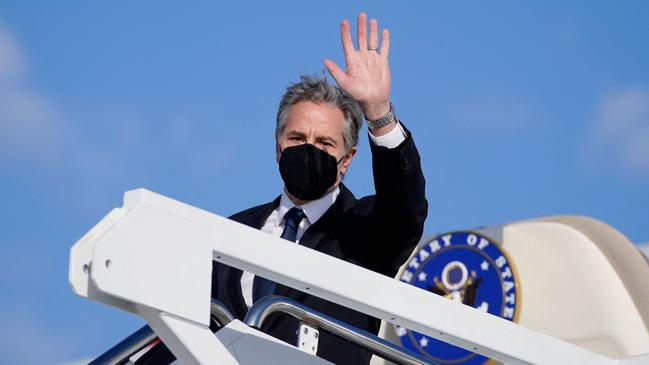 Secretary of State Antony Blinken waves as he departs the US en route to Ukraine. Picture: AFP