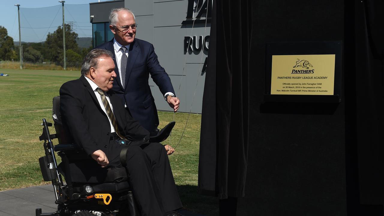 John Farragher and then Prime Minister Malcolm Turbull open the Panthers Rugby League Academy in 2016. Picture: AAP Image/Paul Miller