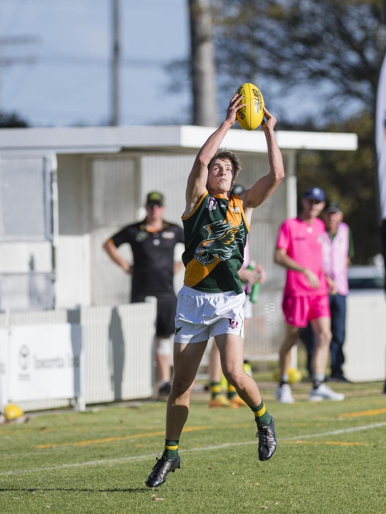 Matthew Dykes of Goondiwindi Hawks against Coolaroo in AFL Darling Downs Allied Cup senior men grand final at Rockville Park, Saturday, September 2, 2023. Picture: Kevin Farmer