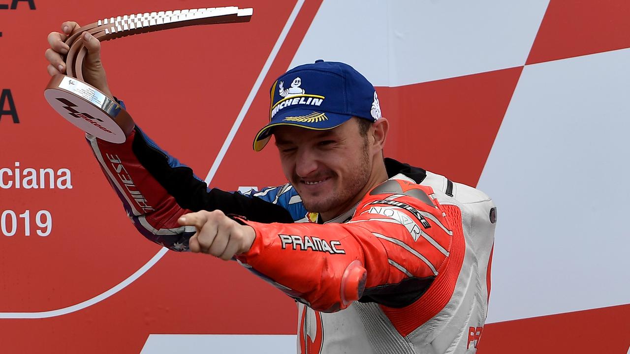 Jack Miller celebrates on the podium in Valencia. Picture: Pierre-Philippe Marcou