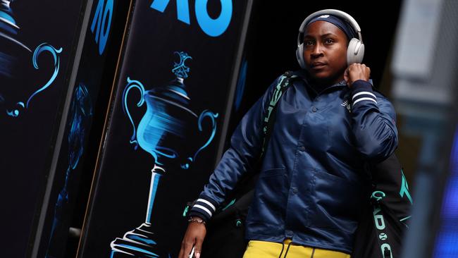 Coco Gauff arriving on court for her women's singles match against Caroline Dolehide. Picture: Martin Keep / AFP