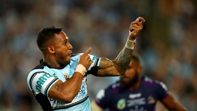 Shark's Ben Barba celebrates scoring a try during the 2016 NRL Grand Final between the Cronulla Sharks and the Melbourne Storm at ANZ Stadium , Homebush . Picture : Gregg Porteous