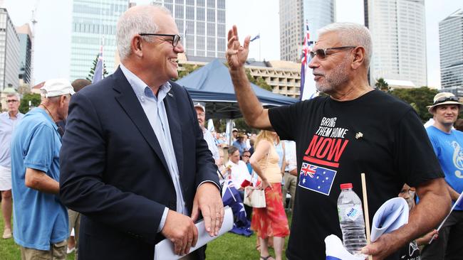 Scott Morrison and Warren Mundine at the anti-Semitism rally in the Domain, in Sydney’s CBD, on Sunday. Picture: John Feder