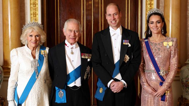 Queen Camilla, King Charles III, Prince William, Prince of Wales and Catherine, Princess of Wales during a reception for members of the Diplomatic Corps at Buckingham Palace. Picture: AFP.