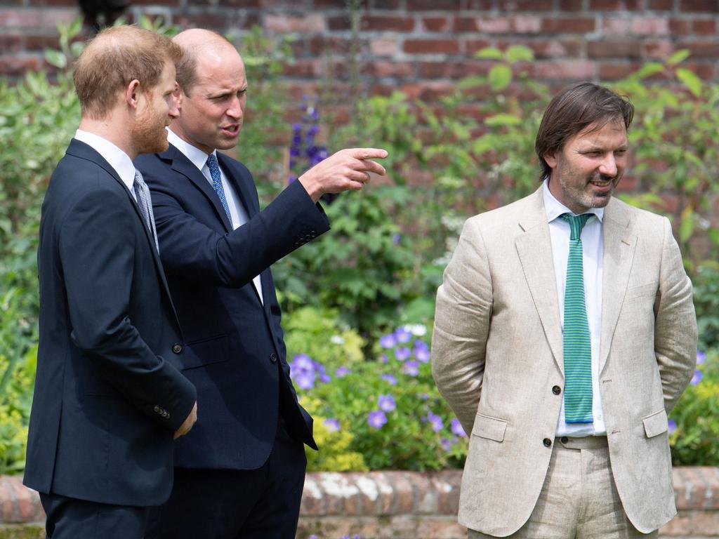 The princes with garden designer Pip Morrison at the unveiling of a statue of their mother, Princess Diana at The Sunken Garden in Kensington Palace Picture: Dominic Lipinski.