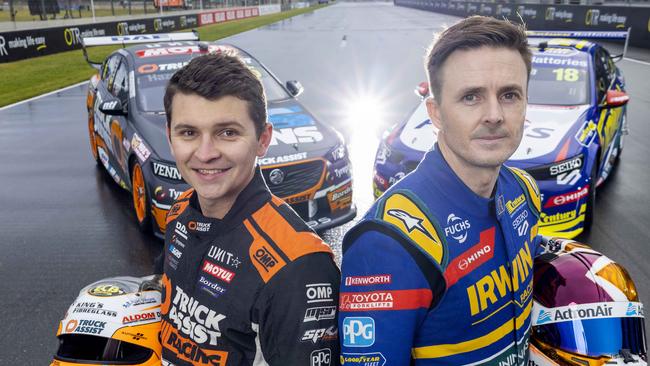 Supercar drivers Todd Hazelwood and Mark Winterbottom on the main straight of the Bend track. Picture: Kelly Barnes