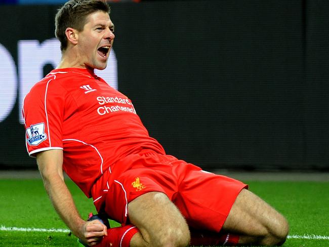 Steven Gerrard celebrates a recent EPL goal against Leicester.