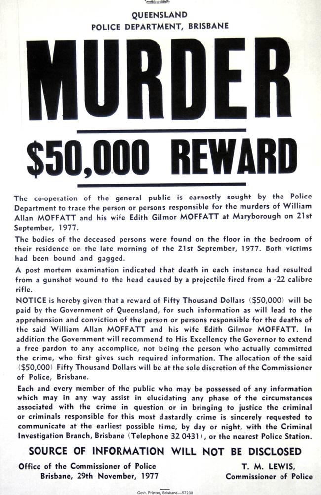 Reward details from 1977 for information on the murder of a local couple William and Edith Moffat.