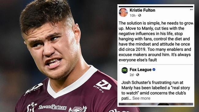 Josh Schuster has been baked by former Manly staffer Kristie Fulton on social media.