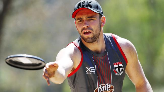 Paddy McCartin throws the frisbee at St Kilda’s one-to-four-year camp. Picture: Michael Klein