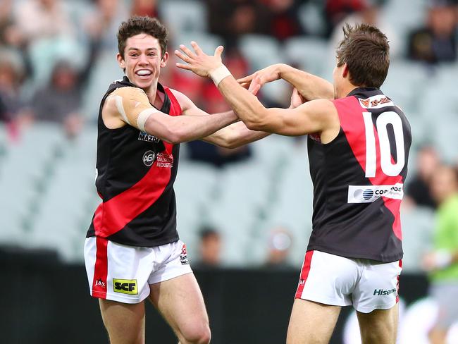 SANFL - West Adelaide v Port Adelaide, Qualifying Final at Adelaide Oval. Hugh Haysman comes in to congratulate Kaine Stevens on his goal. Photo Sarah Reed.