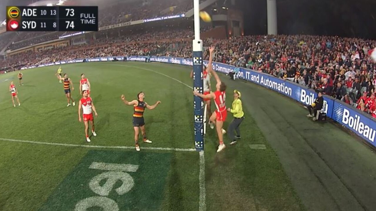 Ben Keays’ shot at goal was ruled a behind. Picture: Fox Sports