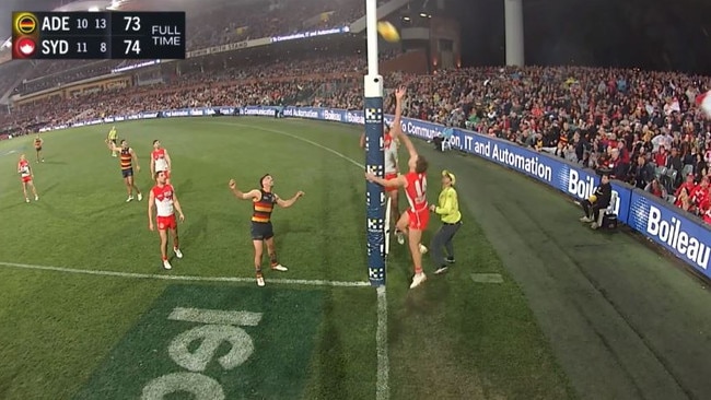 Ben Keays’ shot at goal was ruled a behind. Picture: Fox Sports