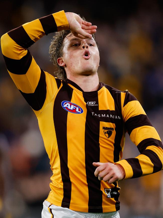 Jack Ginnivan celebrates kicking the sealing goal against the Bulldogs. (Photo by Dylan Burns/AFL Photos via Getty Images)