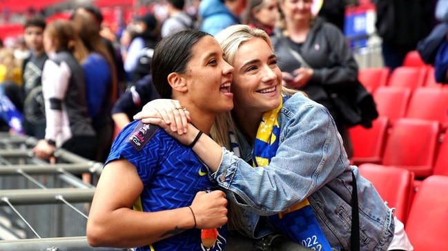 Kerr with Mewis after Chelsea’s victory in the 2022 FA Cup. Picture: John Walton/PA