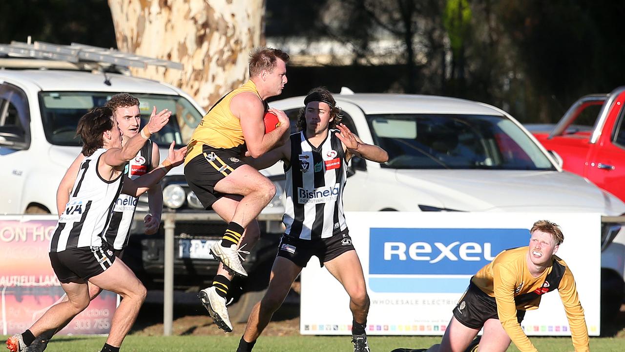 Connor Jervies marks. North Geelong v Bannockburn. Picture: Alan Barber