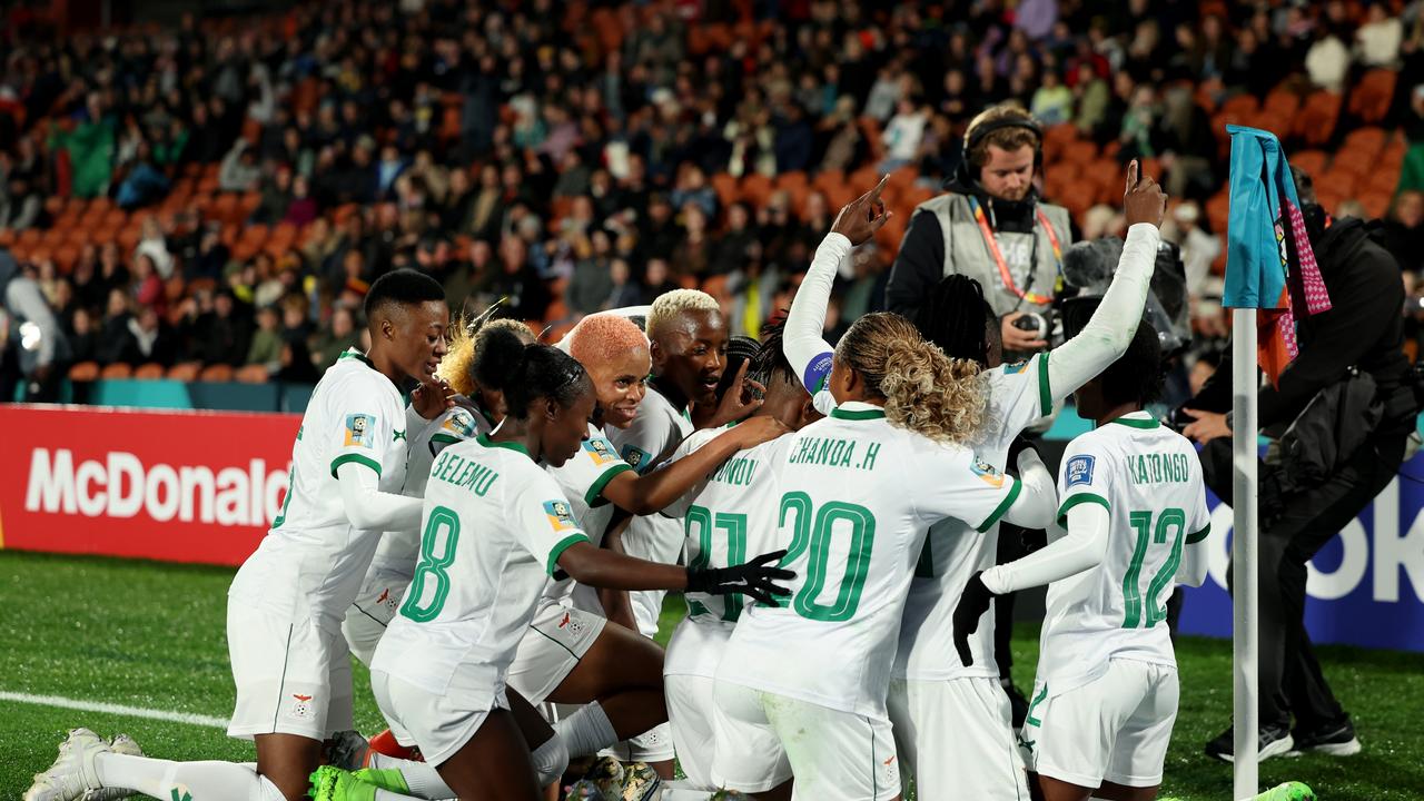 Barbra Banda of Zambia celebrates with teammates after scoring her team's second goal. Picture: Phil Walter/Getty Images