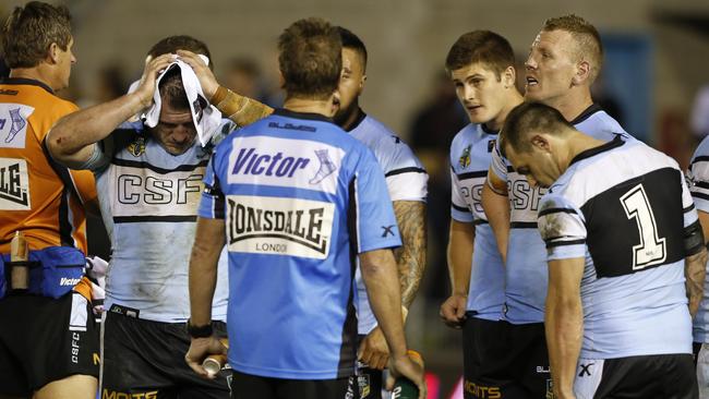 Cronulla behind the goal line after the loss to Manly. Cronulla Sharks Vs Manly Sea Eagles at Remondis Stadium Saturday June 21st 2014. Pic: Mitch Cameron