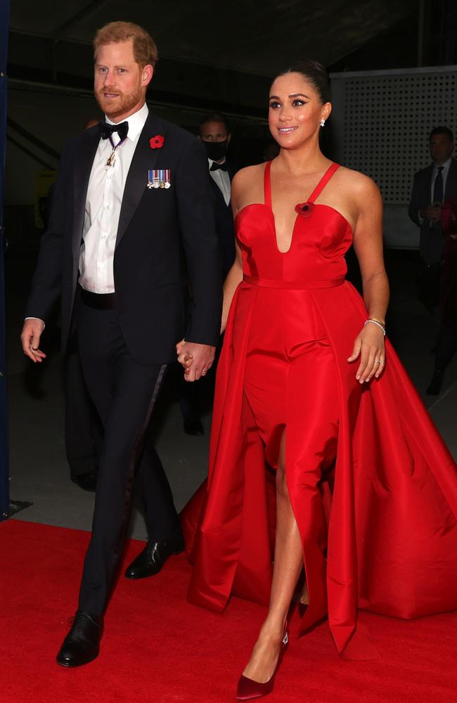 She’s red-y! Harry and Meghan at the Salute To Freedom Gala in November. Picture: Getty Images