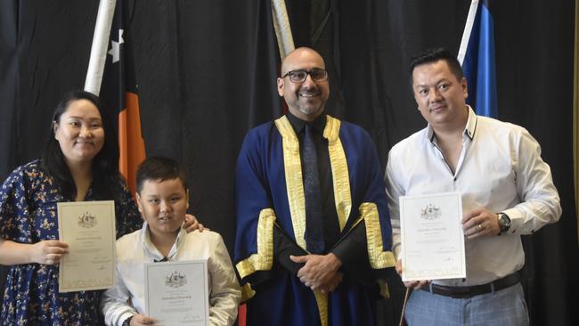 Sarita, Shantosh, and Krishang Gurung, from Nepal, became Australian citizens on Australia Day. Picture: Sierra Haigh