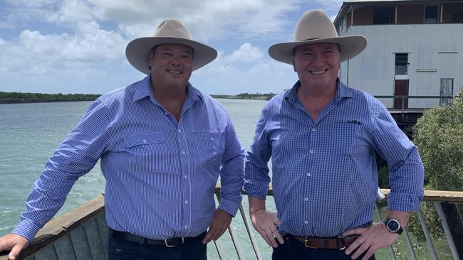 Dawson LNP candidate Andrew Willcox (left) and Deputy Prime Minister Barnaby Joyce by the Pioneer River. Picture: Contributed