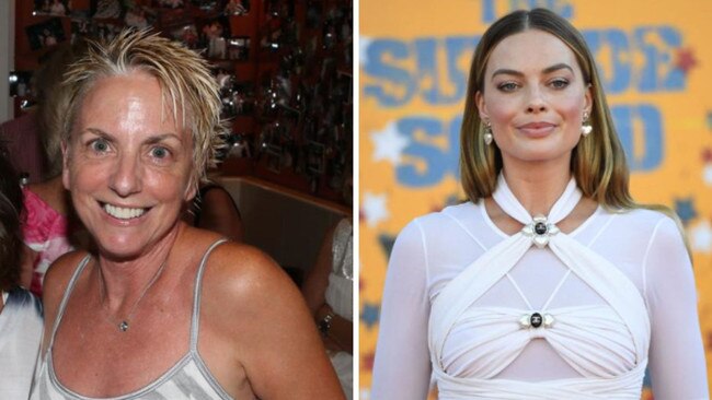 Lyn Robbie (left) was recently disqualified from the real estate industry and is the aunt of Hollywood actor Margot Robbie, who had nothing to do with the running of her aunt’s property management company on the Gold Coast. Left image is from Gold Coast Bulletin socials; right image is Margot Robbie at premiere of “The Suicide Squad” (Photo by Robyn Beck / AFP)