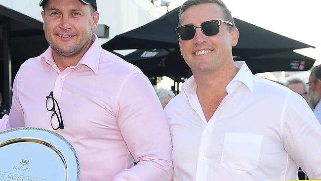 Brian Siemsen (left) boss of Black Soil Bloodstock and trainer Tony Gollan (right). Picture: Grant Peters, Trackside Photography.