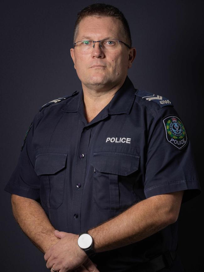 Brevet Sergeant Jason Thiele also responded on the night and investigated the crash, and is all too familiar with trauma on the state’s roads. Picture: Ben Clark