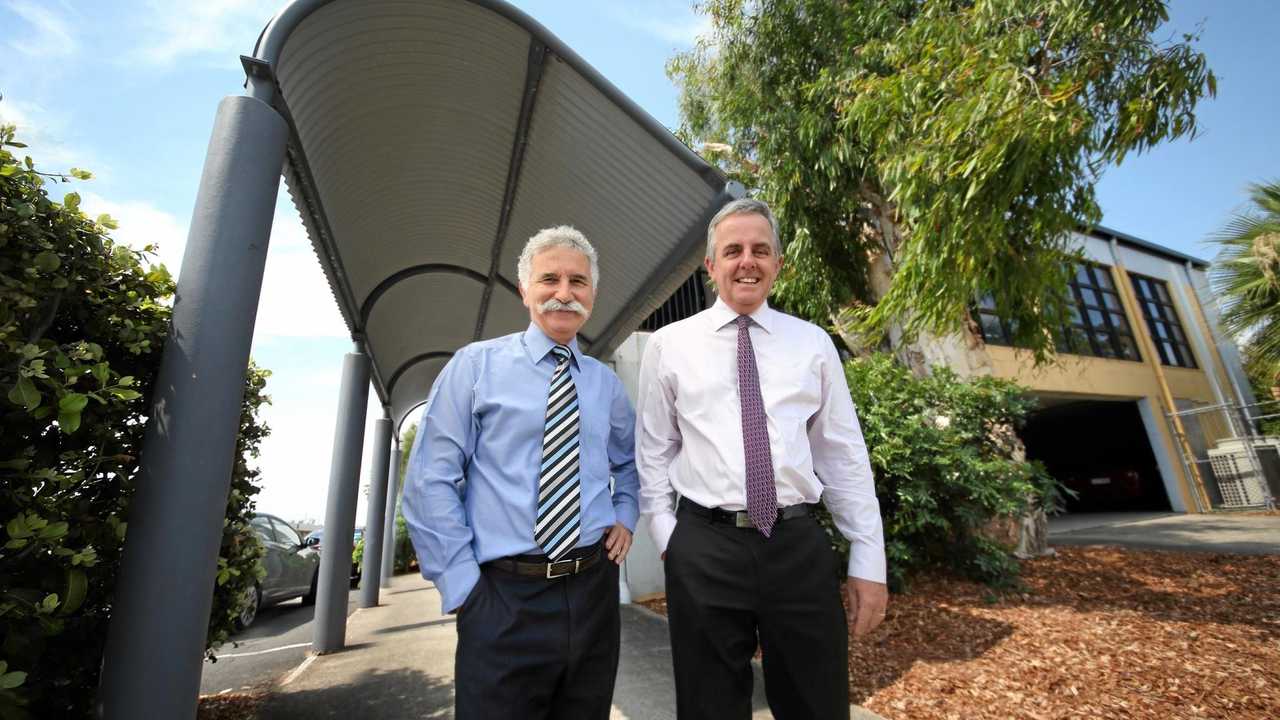 RIGHT BLEND: Blue Commercial&#39;s Tony Pagano and CBRE&#39;s Rem Rafter on site at Pangarinda Place, Mooloolaba.