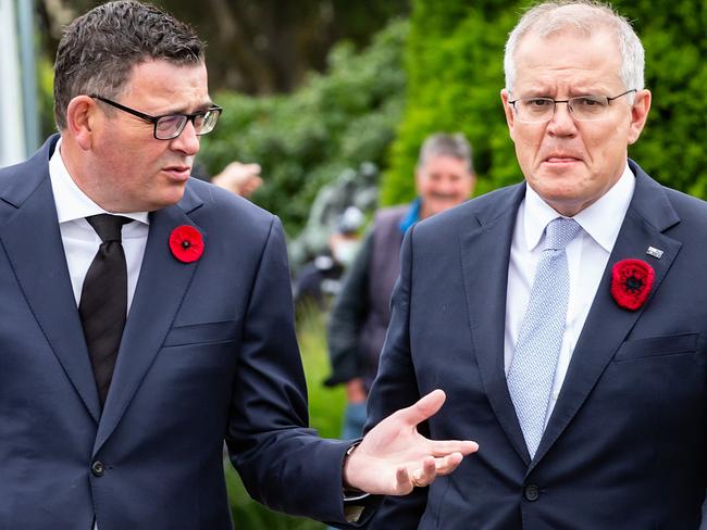 MELBOURNE, AUSTRALIA - NewsWire Photos - NOVEMBER 11 2021:  Australian Prime Minister Scott Morrison and Victorian Premier Daniel Andrews is seen at Remembrance day at the Shrine of Remembrance. Picture: NCA NewsWire/Sarah Matray