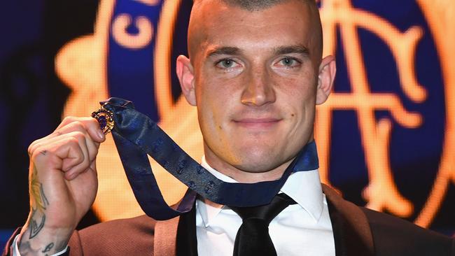 MELBOURNE, AUSTRALIA - SEPTEMBER 25:  Dustin Martin of the Tigers poses after winning the 2017 Brownlow Medal at the 2017 Brownlow Medal at Crown Entertainment Complex on September 25, 2017 in Melbourne, Australia.  (Photo by Quinn Rooney/Getty Images)