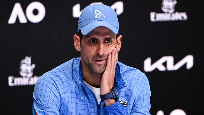 Serbia's Novak Djokovic gives a press conference after his victory against Tommy Paul of the US after their men's singles semi-final match on day twelve of the Australian Open tennis tournament in Melbourne on January 27, 2023. (Photo by WILLIAM WEST / AFP) / -- IMAGE RESTRICTED TO EDITORIAL USE – STRICTLY NO COMMERCIAL USE --