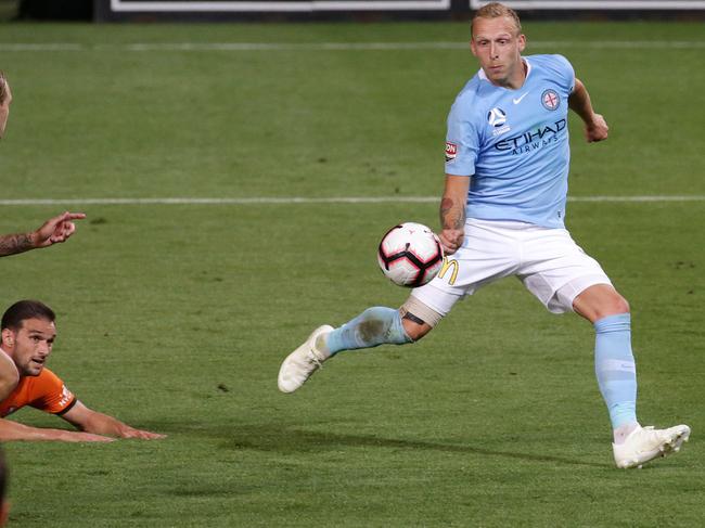 Ritchie De Laet of Melbourne City scores the opener during the Round 13 A-League match between Melbourne City and Brisbane Roar at AAMI Park in Melbourne, Friday, January 11, 2019. (AAP Image/George Salpigtidis) NO ARCHIVING, EDITORIAL USE ONLY