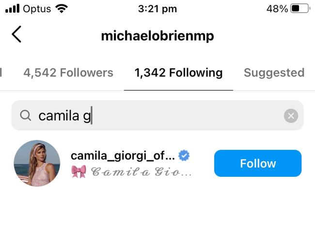 Screenshot of Michael O’Brien’s Instagram page showing he follows Camila Giorgi.