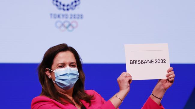 Annastacia Palaszczuk celebrates after Brisbane was announced as the 2032 Summer Olympics host city. (Photo by Toru Hanai/Getty Images)