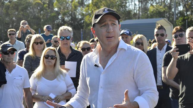 Federal LNP Member for Petrie Luke Howarth addresses about 200 people at a peaceful protest at North Lakes Resort golf Club on July 28. Picture: David Alexander