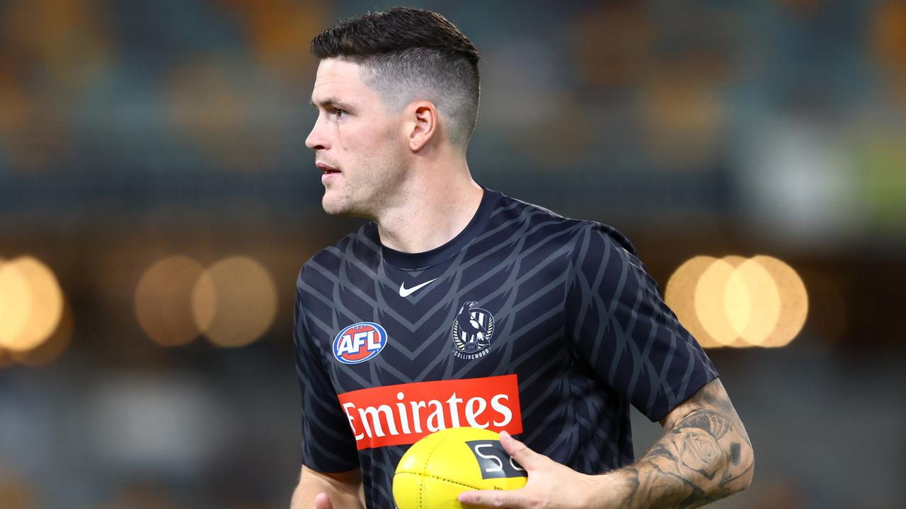 BRISBANE, AUSTRALIA - APRIL 06: Jack Crisp of the Magpies warms up during the round four AFL match between Brisbane Lions and Collingwood Magpies at The Gabba, on April 06, 2023, in Brisbane, Australia. (Photo by Chris Hyde/AFL Photos/via Getty Images )
