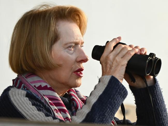 MELBOURNE, AUSTRALIA - SEPTEMBER 12: Trainer Gai Waterhouse is seen watching Alligator Blood gallop on the course proper during a trackwork session at Flemington Racecourse on September 12, 2023 in Melbourne, Australia. (Photo by Vince Caligiuri/Getty Images)