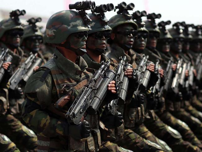 Korean People's Army soldiers march at the parade. Picture: AFP