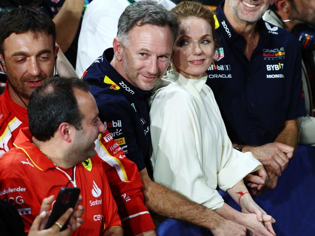 JEDDAH, SAUDI ARABIA - MARCH 09: Oracle Red Bull Racing Team Principal Christian Horner and Geri Horner react in parc ferme during the F1 Grand Prix of Saudi Arabia at Jeddah Corniche Circuit on March 09, 2024 in Jeddah, Saudi Arabia. (Photo by Clive Rose/Getty Images)