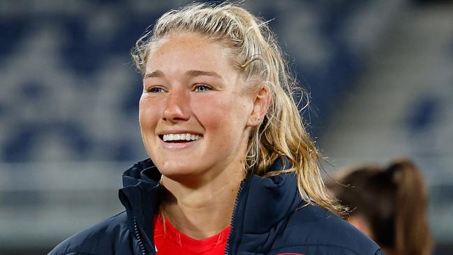 GEELONG, AUSTRALIA - AUGUST 31: Tayla Harris of the Demons celebrates during the 2024 AFLW Round 01 match between the Geelong Cats and the Melbourne Demons at GMHBA Stadium on August 31, 2024 in Geelong, Australia. (Photo by Dylan Burns/AFL Photos via Getty Images)