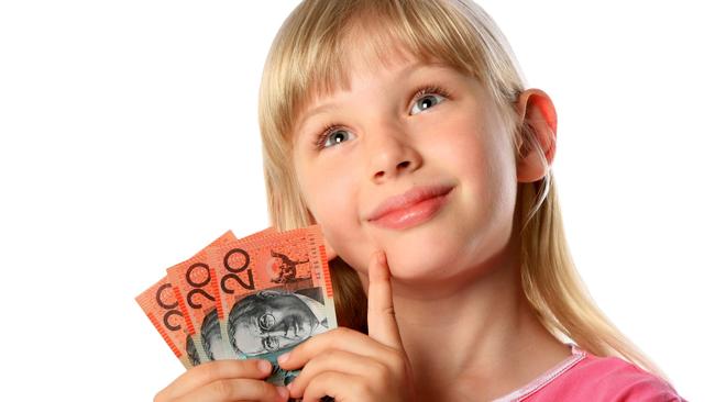 Little girl holding Australian 20 dollar notes cash looking up and thinking how to spend her money - on a white background. Click to see more...