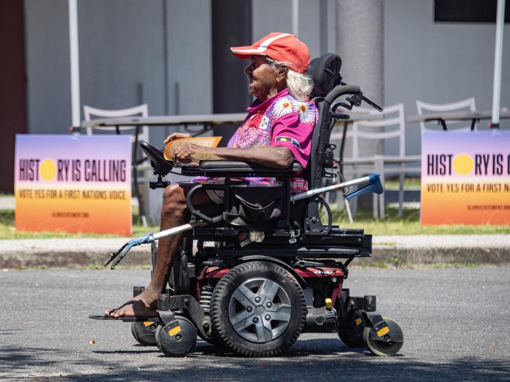 History calls as Mina Andrews arrives to cast her vote in the Indigenous community of Yarrabah in Far North Queensland. Picture: Brian Cassey