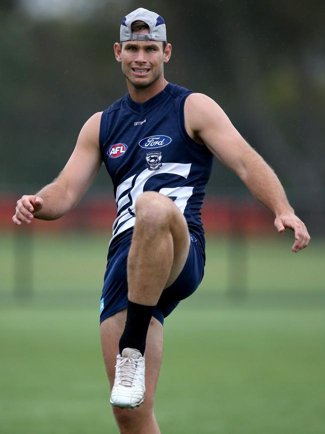 Tom Hawkins is set to face Essendon. Picture: Mike Dugdale