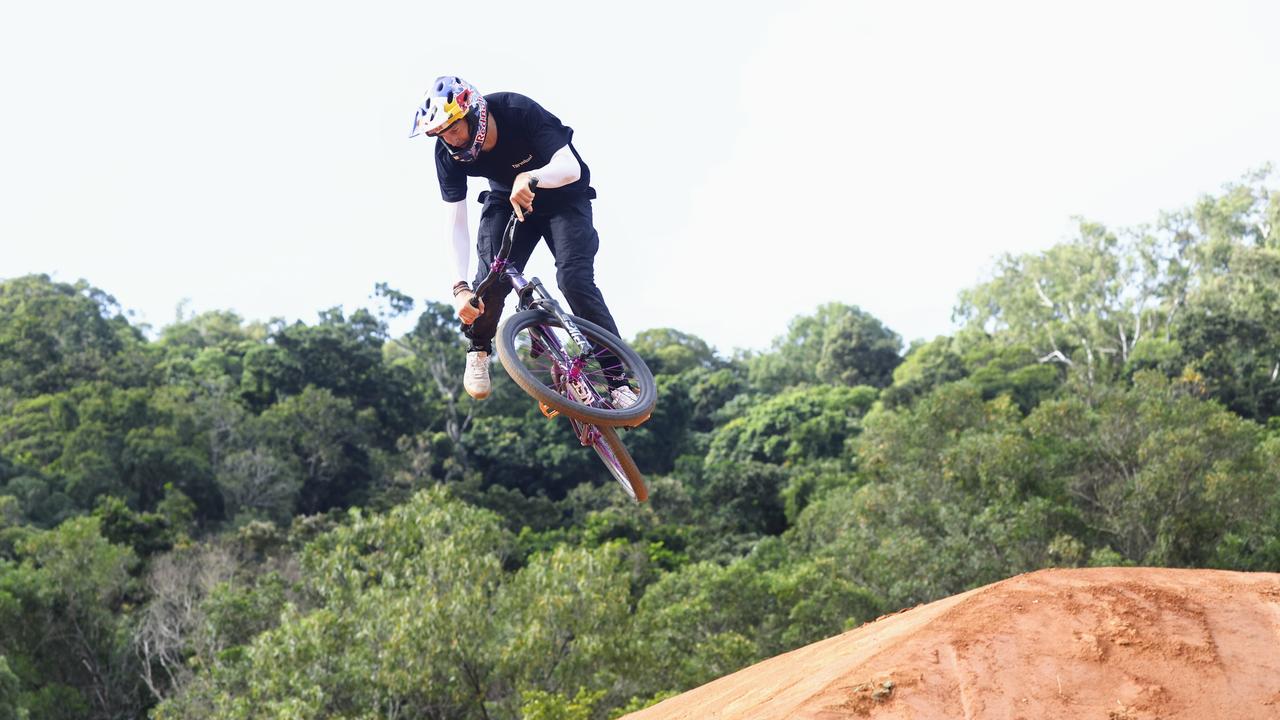 David Godziek practices his moves on the Slopestyle course on Day One of Crankworx Cairns. Picture: Brendan Radke