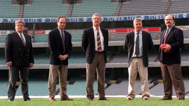 The Herald Sun football team, circa 1996, featuring Scot Palmer, Trevor Grant, Mike Sheahan, Jon Anderson and Leigh Matthews.