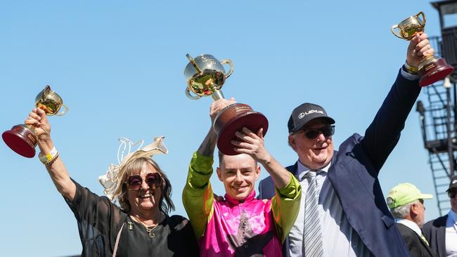 Sheila Laxon, Robbie Dolan and John Symons after winning the Melbourne Cup. Picture: Getty Images