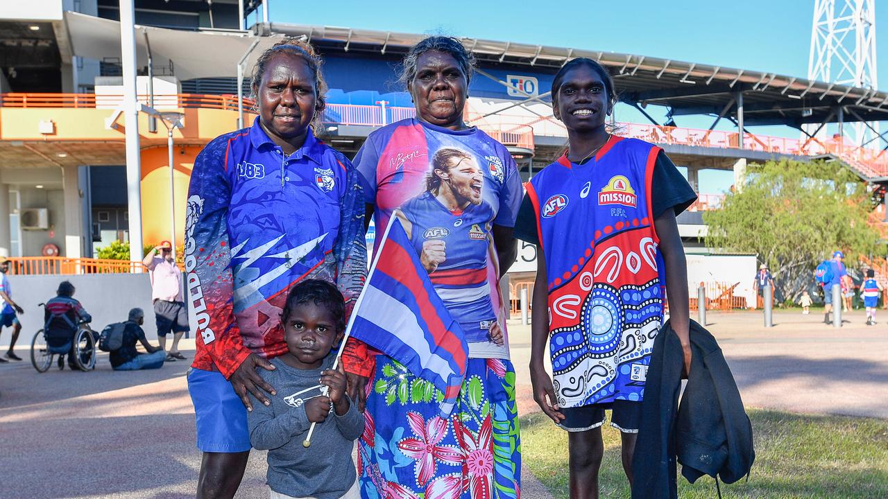 Kristalee Thompson, Owen Henry Thompson, Alberta Thompson, Keithenn Thompson at the Gold Coast Suns match vs Western Bulldogs at TIO Stadium. Pic: Pema Tamang Pakhrin